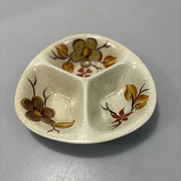 Radford Divided Ceramic Serving Dish 1970s Earth Tone Flowers Handpainted CHIP - Picture 1 of 8